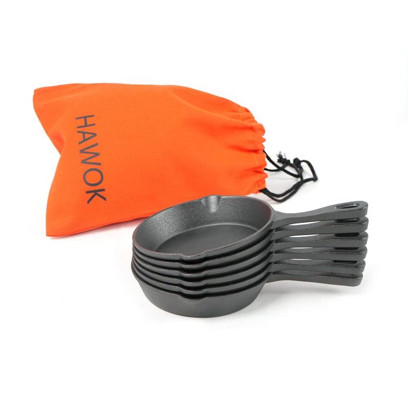 HAWOK Cast Iron Skillet Set 6 Pcs, Dia.6 Inch Round Pan, Cast Iron Server, Frying Pan, Pre-seasoned - Image 3